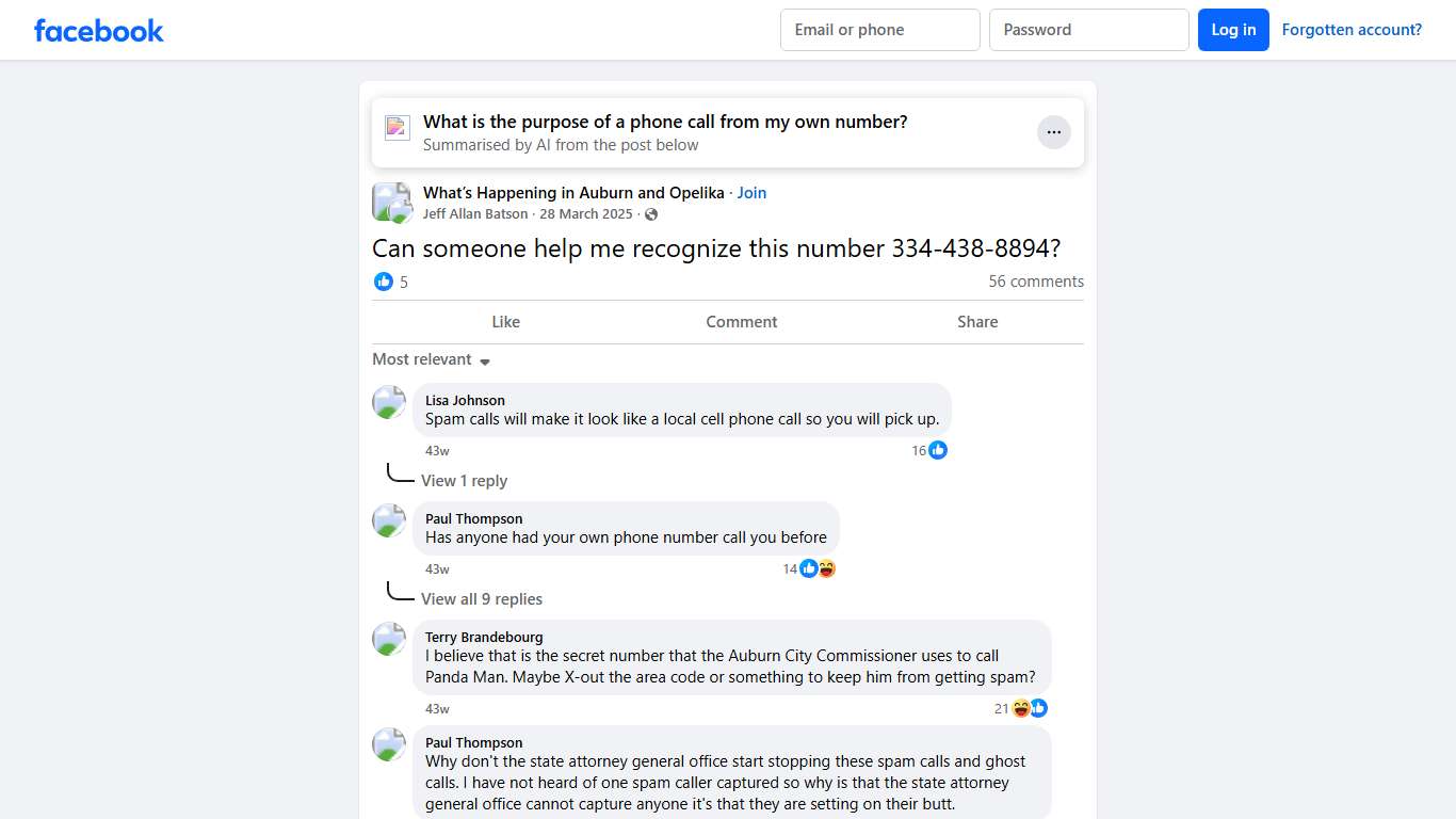 What’s Happening in Auburn and Opelika Can someone help me recognize this number 334-438-8894 Facebook